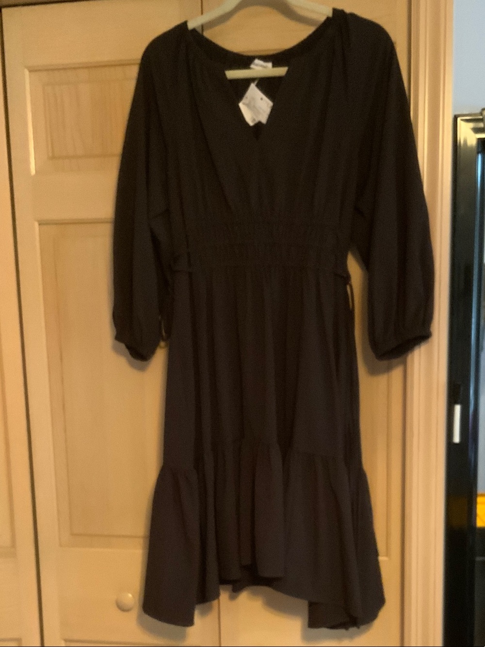 Calvin Klein Black Long-Sleeve Smocked-Waist Dress